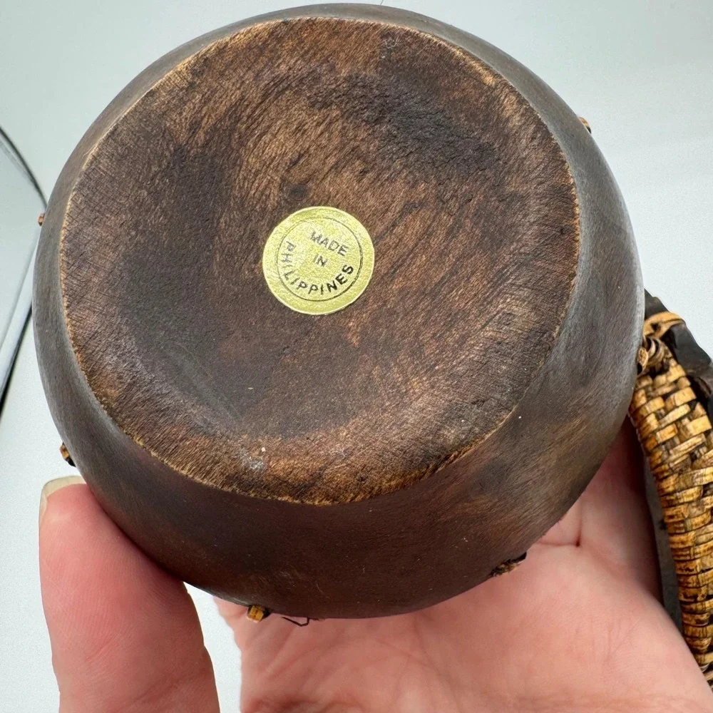 Vintage Hand Carved Wood Sun Face Trinket Box Woven Wicker Philippines Boho